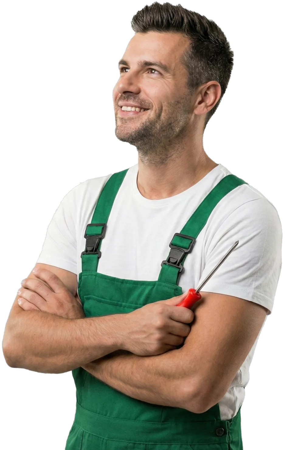 Serwisant AGD spogladajacy ku gorze w wersji mobilnej hero